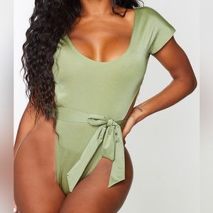 Prettylittlething Green high leg Bodysuit w/ waist tie NWT